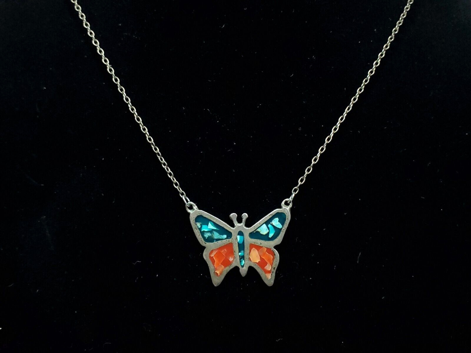 Vintage Butterfly Silver Turquoise Coral Chip Inlay Enamel Pendant Necklace