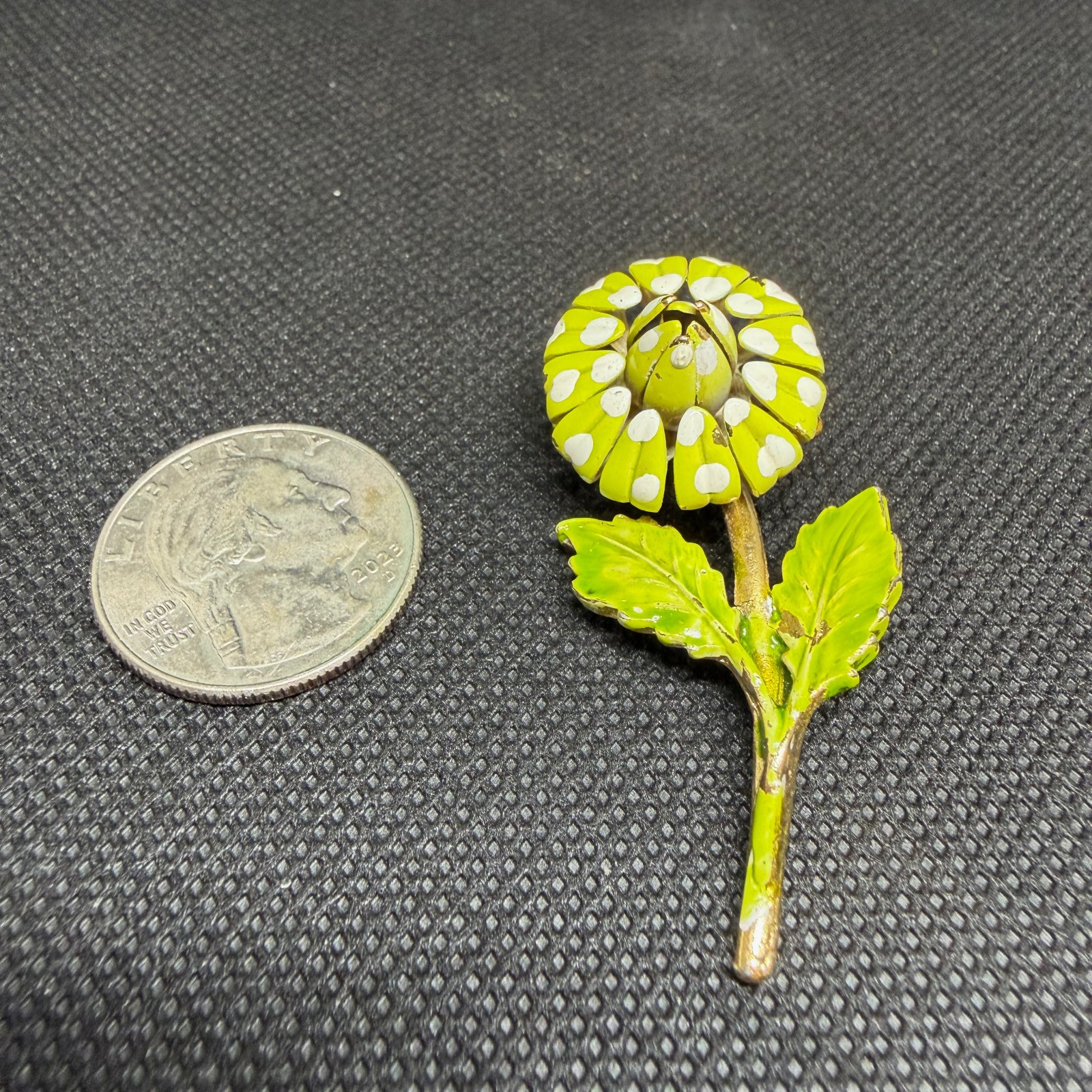 Vtg 1960s Flower Brooch Chartreuse Lime Green White Enamel Polka Dot Mod Pop Art