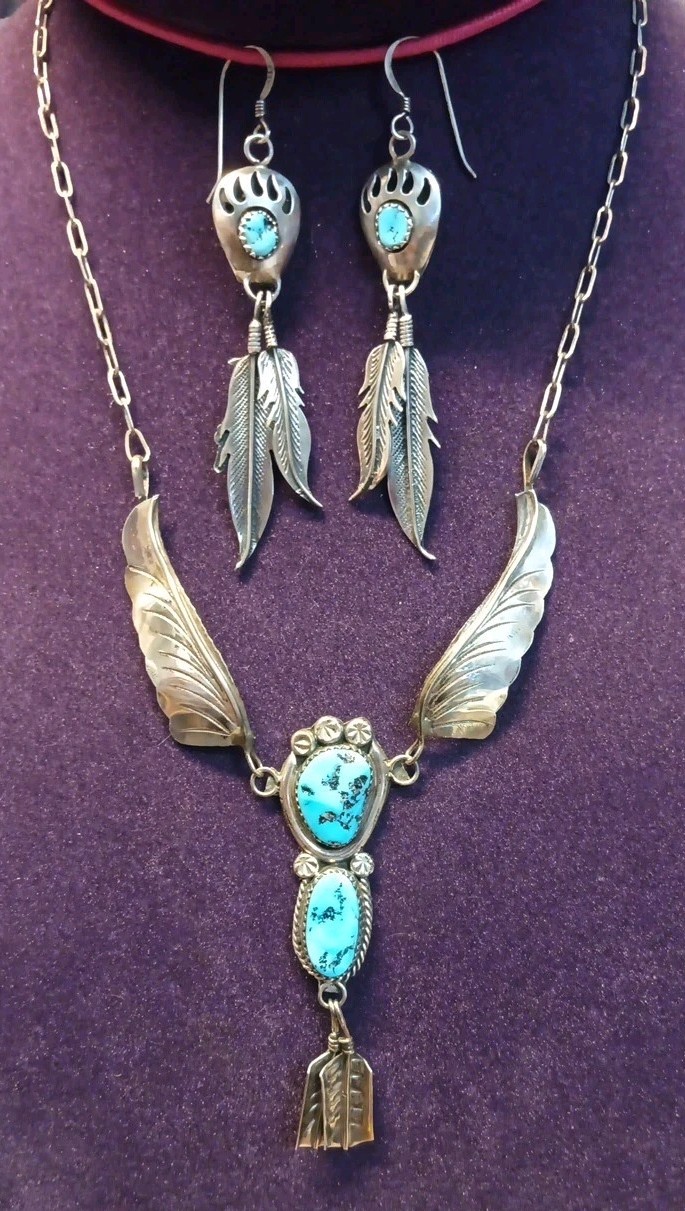 VINTAGE NAVAJO TURQUOISE STERLING SILVER FEATHER NECKLACE & EARRINGS 25.7 Gram