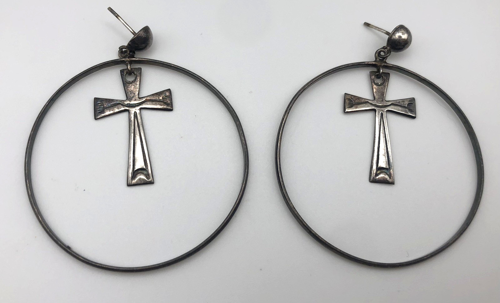 1980s Goth Sterling Silver Cross Circle Large Earrings 925 Dangle 11.4 Grams