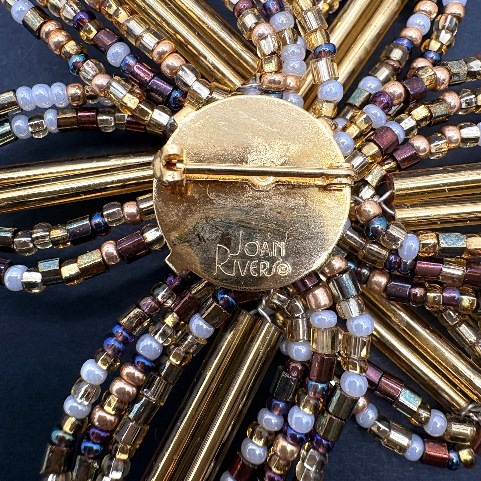 Vintage Joan Rivers Flower Floral Gold Brown White Glass Beaded Brooch Pin 2.5″