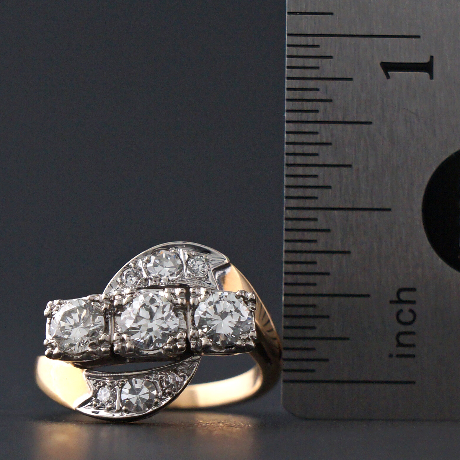 Retro Deco Solid 14K & Platinum, 1.15 Ctw Diamond Wedding Band, Anniversary Ring