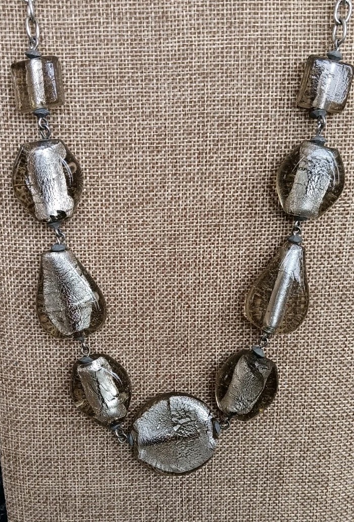 Vintage statement Necklace W/large Clear & Silver foil Beads In Different Shapes