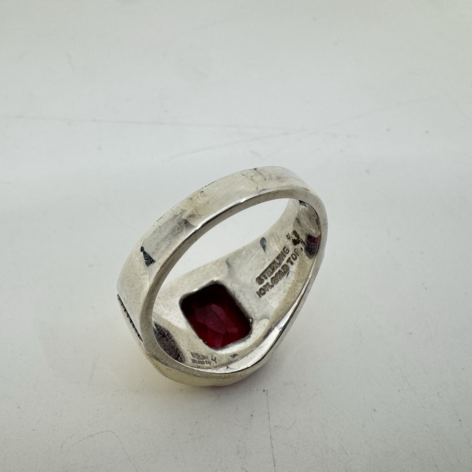 Antique Sterling Silver 10K Gold Top Ruby Mens Ring Sz 12 – 10g