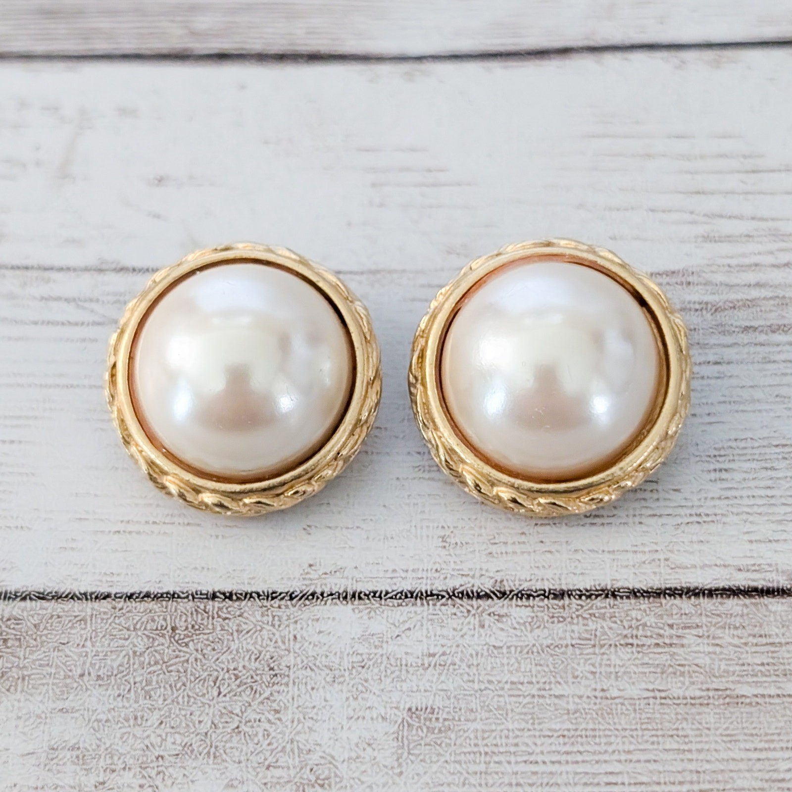Vintage Gay Boyer Clip On Earrings Faux Pearl with Gold Tone Halo