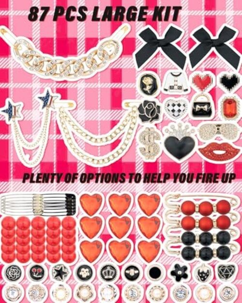 85 Pcs Junk Socks Charms Kit Charms for Socks, Brooches and Pins Black and Red