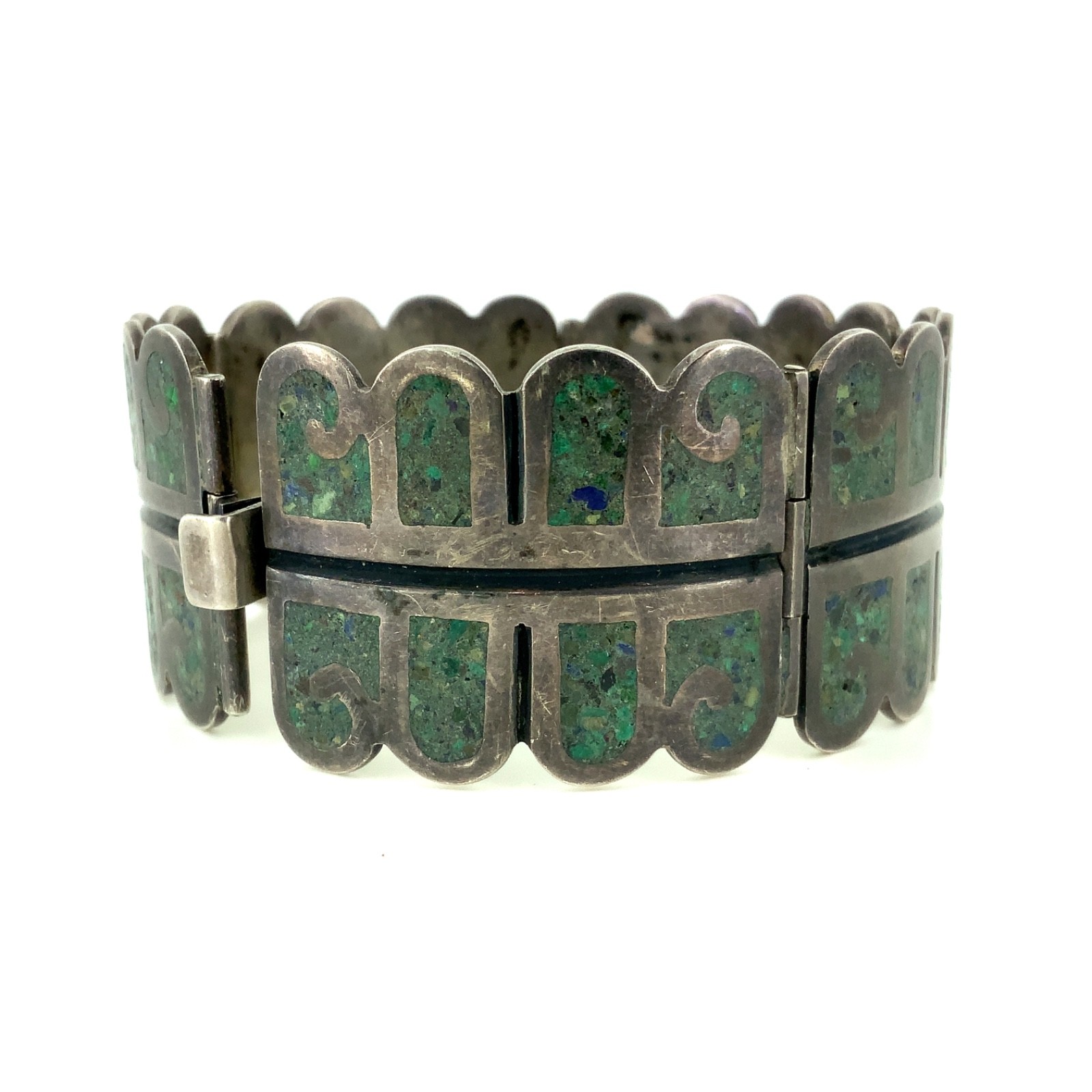RQH Vintage Mexican Turquoise Chip Inlay, Sterling Silver Hinged Panel Bracelet