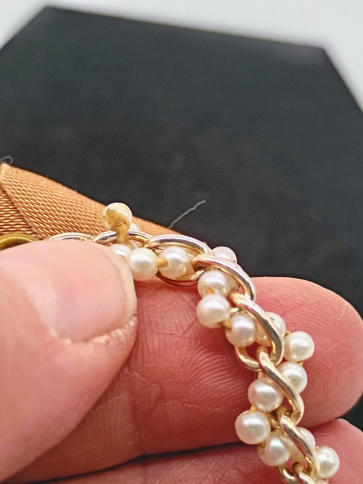 Gold Tone Woven Faux Seed Pearl Dainty Bracelet 7″ Ring Clasp Hand Knotted