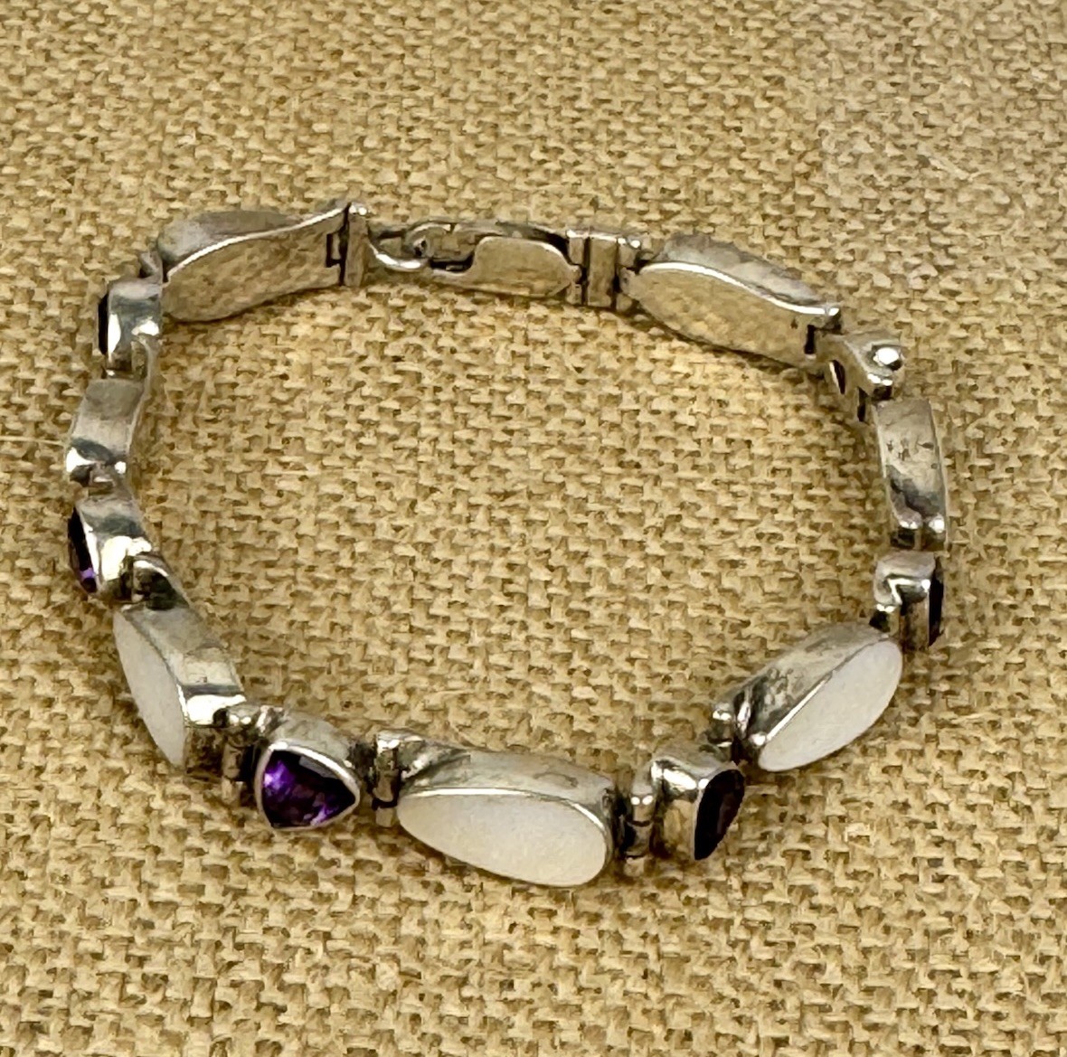 Vintage Acleoni Silver 925 Trillion Amethyst & Luminous Mother Of Pearl Bracelet