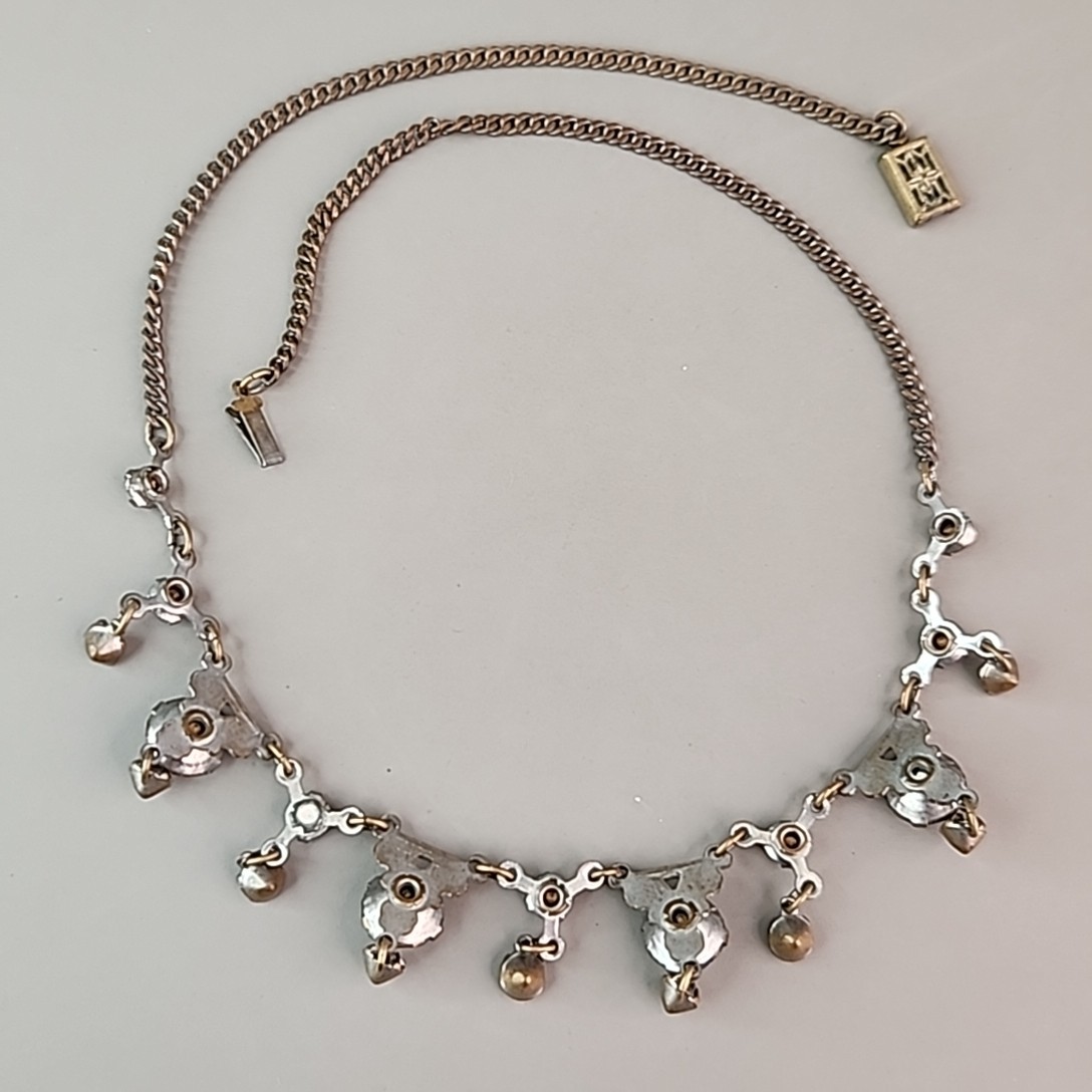 Vintage Rhinestone Necklace Festoon Green Glass Drops Multi-tone 16″ 1940s