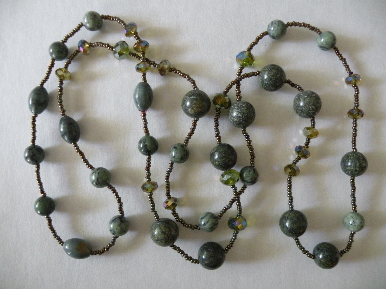 Marbled Green Nephrite Jade? Polished Gemstones Faceted AB Crystal Necklace 42″