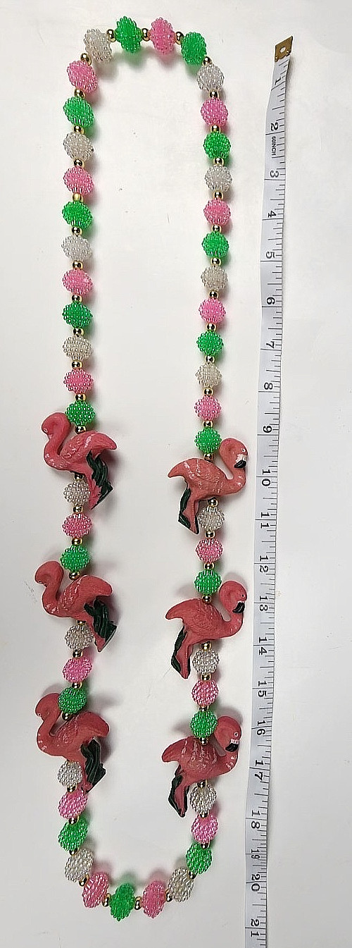 VTG Pastel Resin POPCORN Beaded Flamingo Necklace Pink Green FUN witty Wear