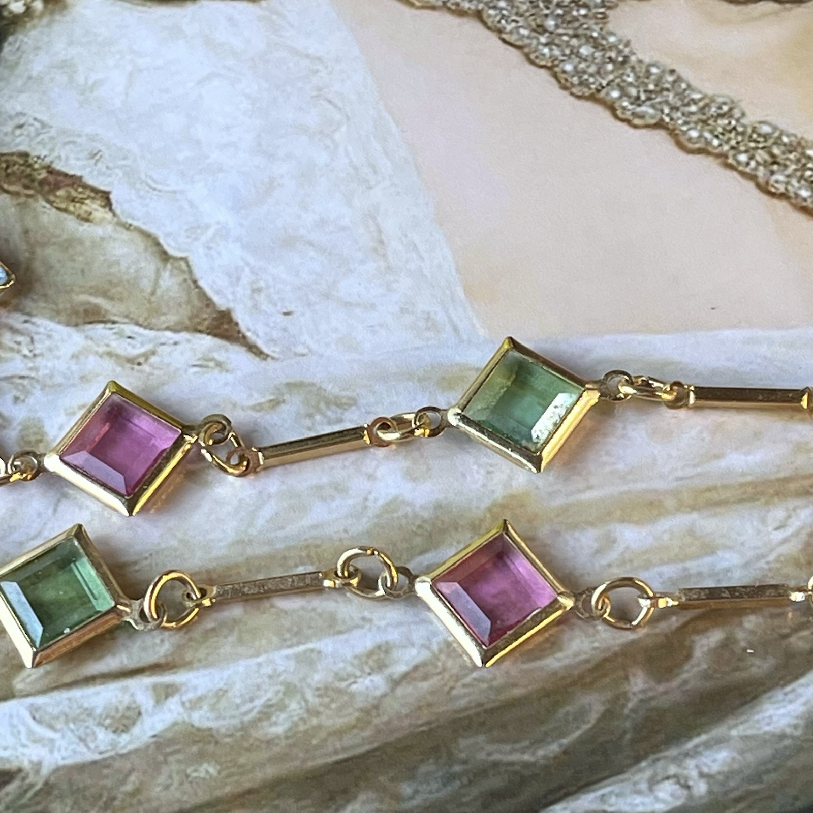 Vintage Pastel Glass Square Station Necklace – Bar Link Chain – Gold Tone – 30”