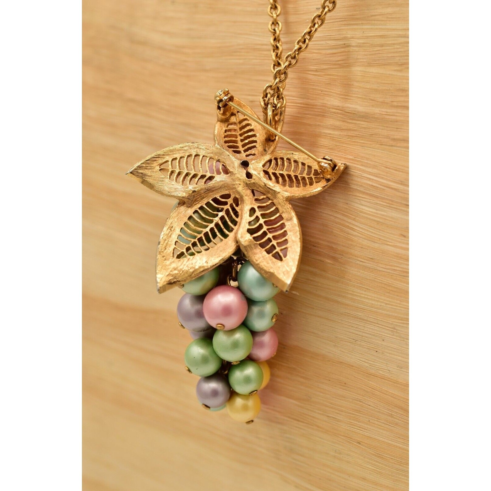 Vintage Grape Pendant Necklace Brushed Gold Multi-Color Cluster Vine Pastel BinK