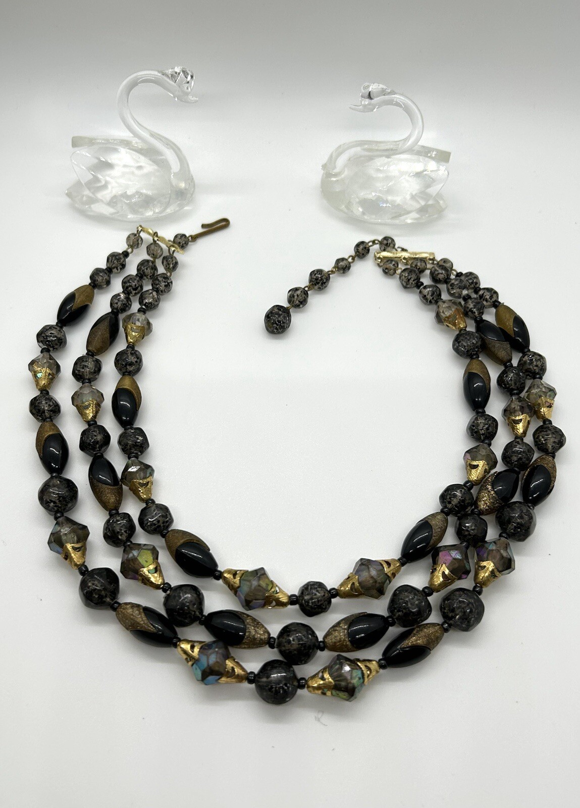 Vintage W.Germany 3 Strand Black And Gold Tone Beads Necklace Adjustable 15-17in