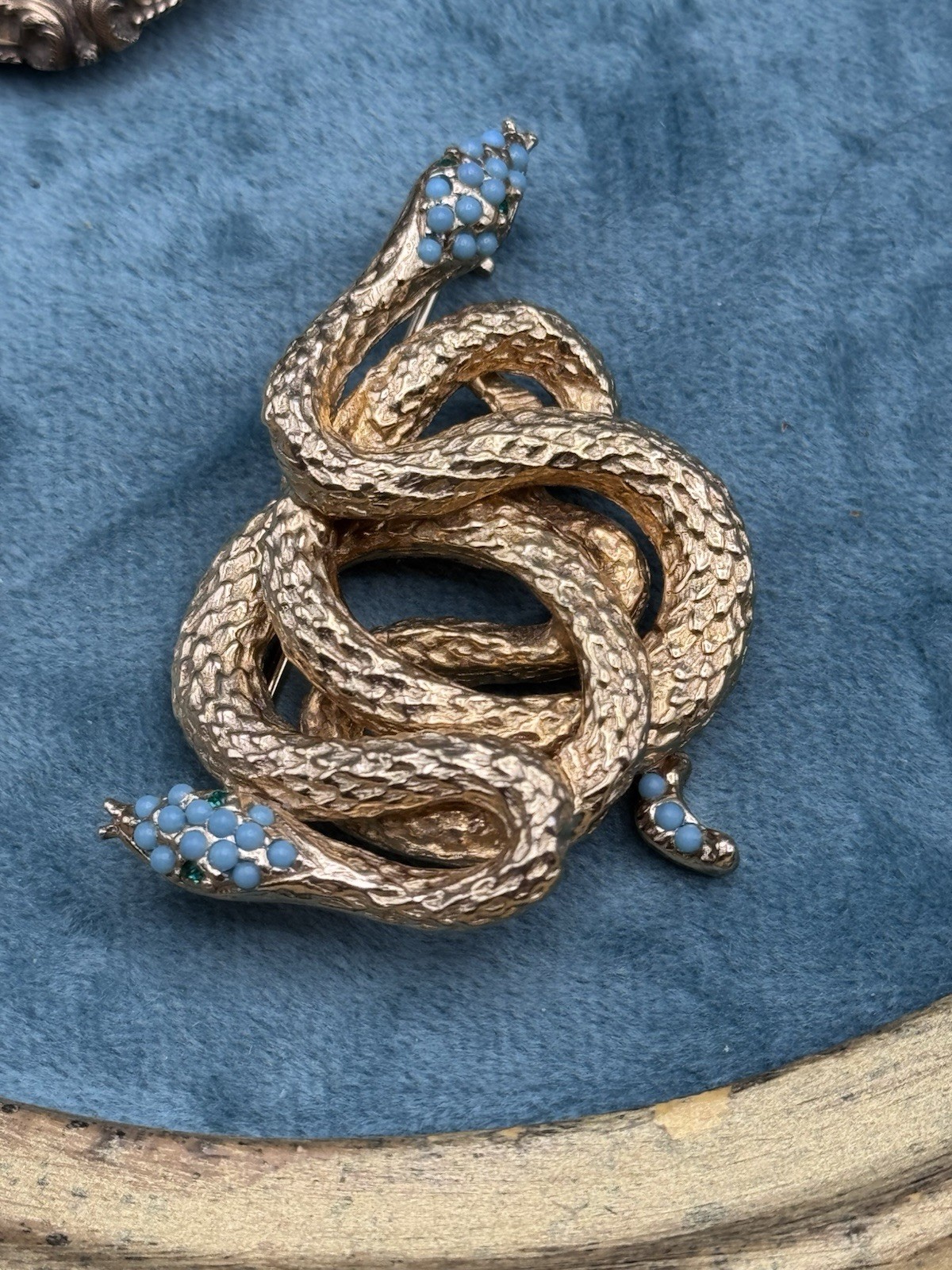 Les Bernard Snake Brooch Goldtone Serpent Blue Cabochon 2” Signed Inc Vintage