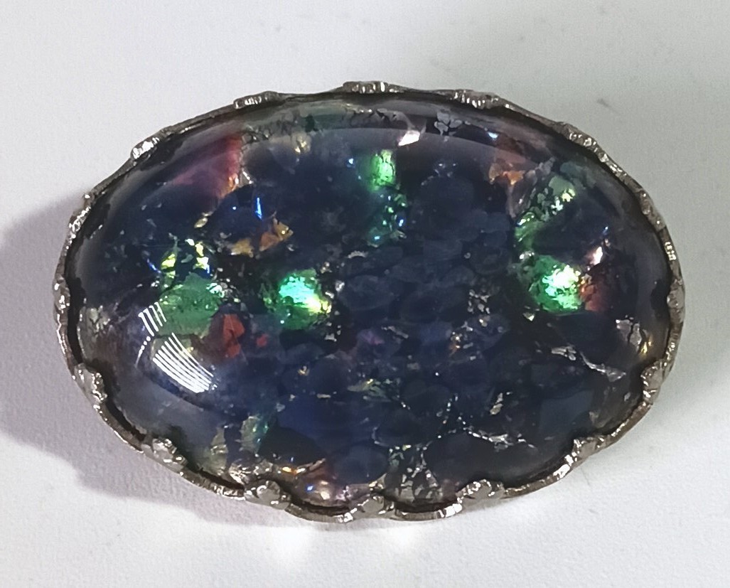 Vtg (Antique?) Silver-tone Brooch w/ Dark Blue & Multicolor Foiled Art Glass