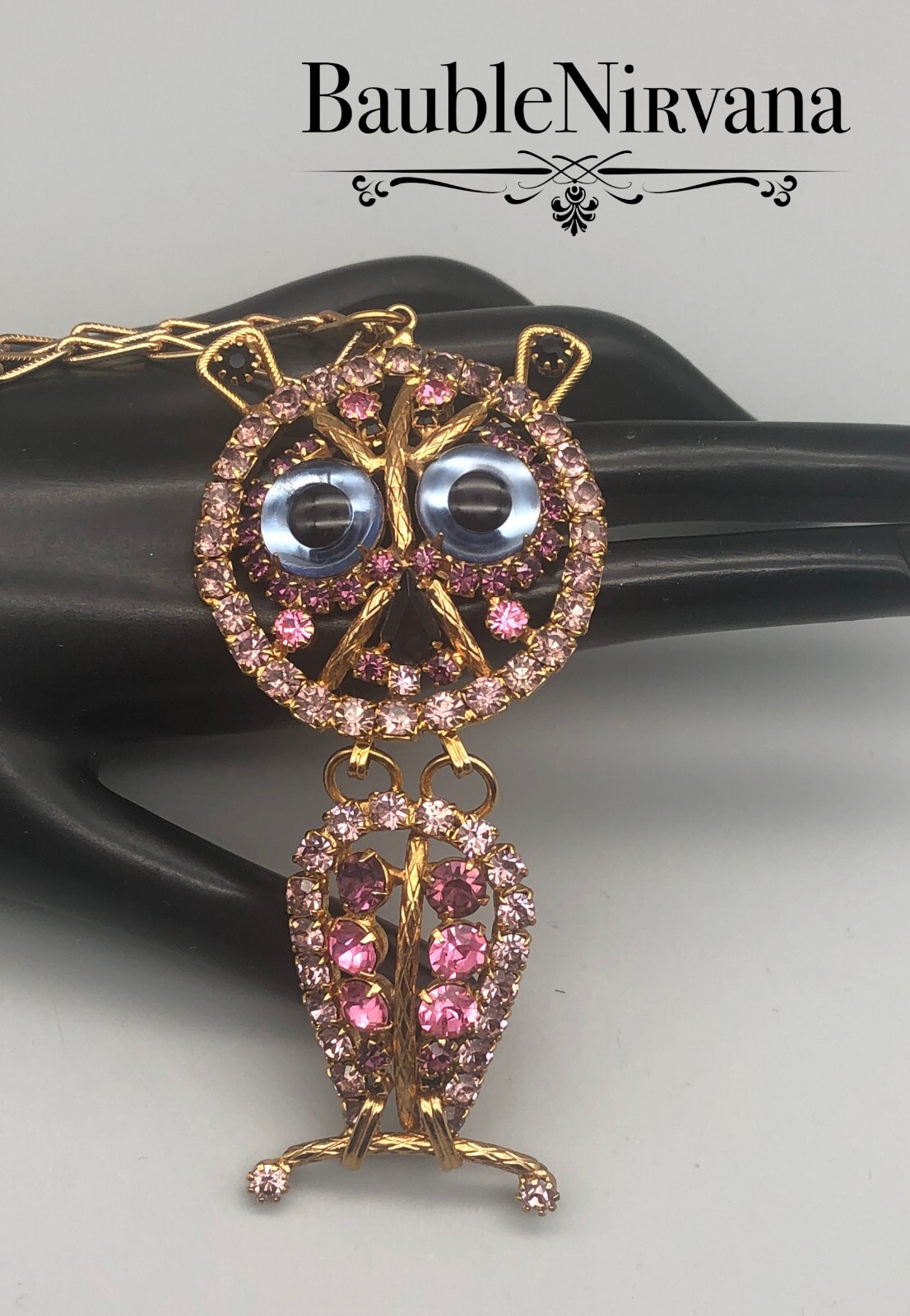 Vintage Large Dangling Owl Pendant Purple Pink Google Glass Eyes