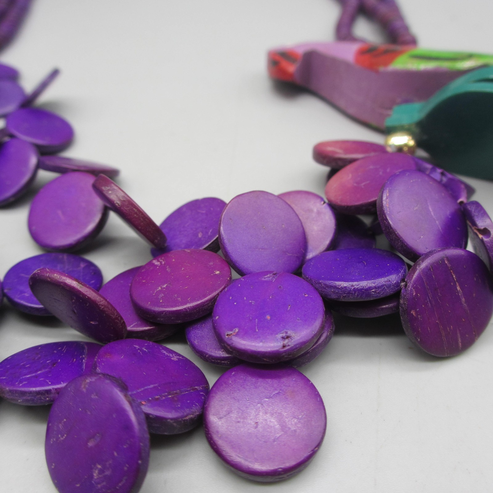 Vintage Parrot Necklace Wood Purple Discs Layered Bead Tropical Beachy 22 Inch