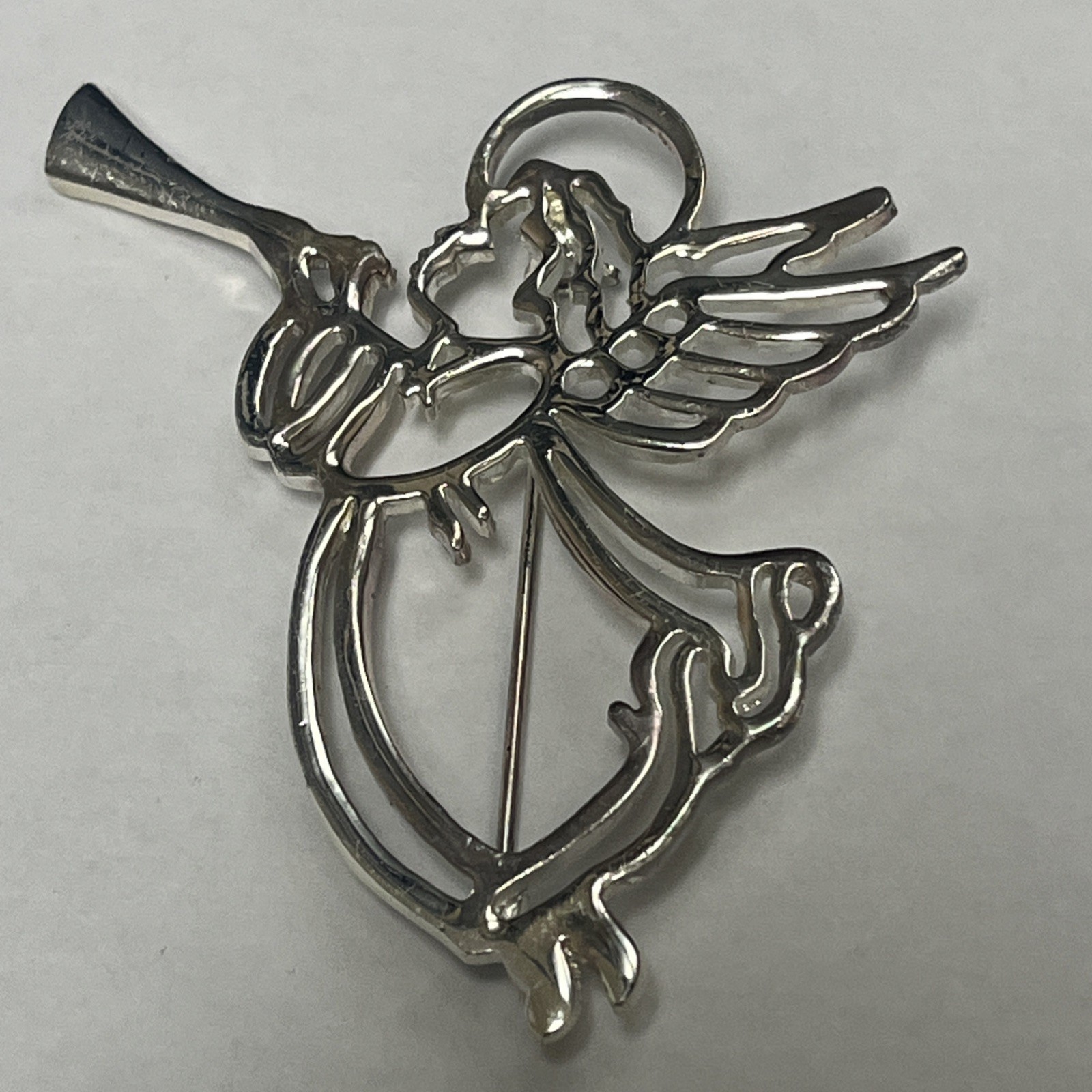 Vintage Silver Halo Angel With Wings & Blowing Trumpet Brooch Lapel Pin Costume
