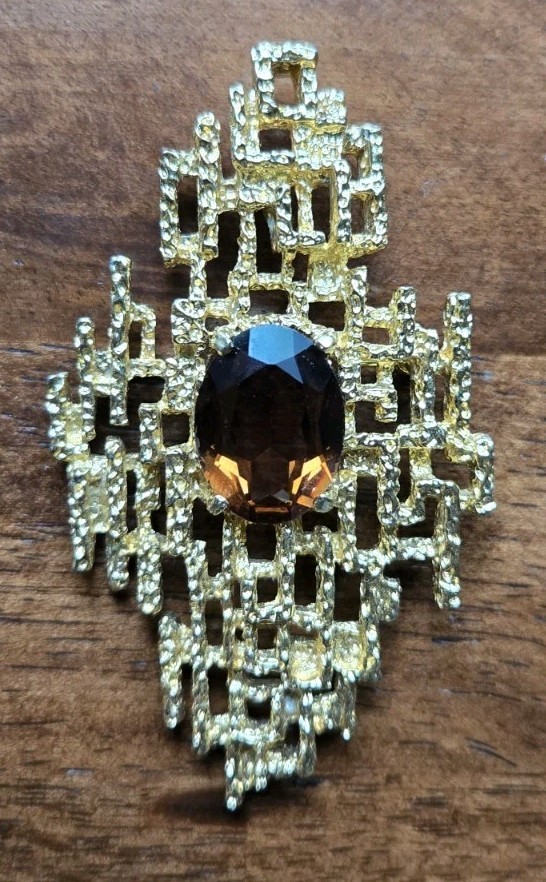 RARE PANETTA Brutalist Gold Brooch Pendant Smoky Quartz 1960s Beneditto Panetta