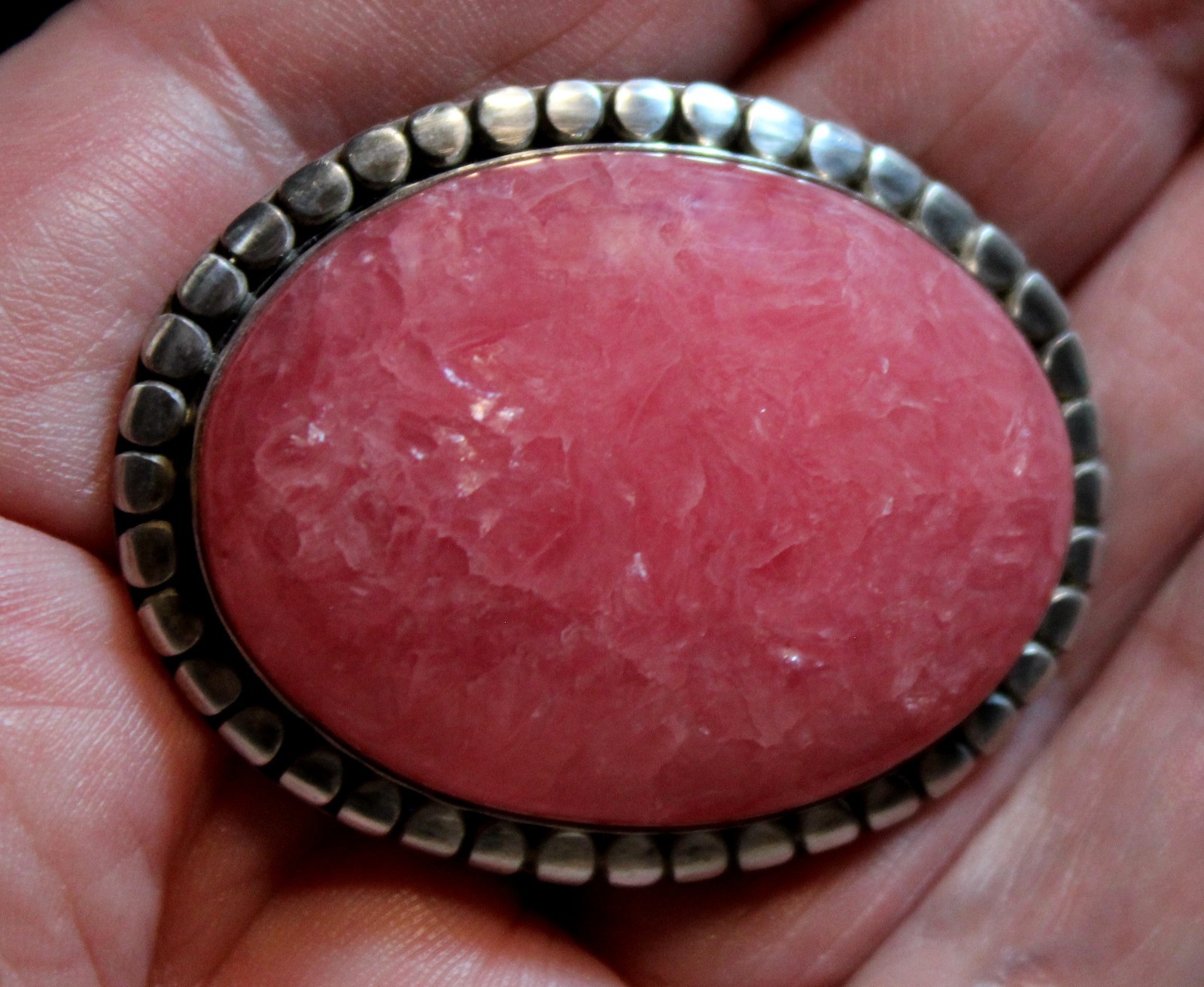 Vintage Southwestern 925 Sterling Silver & Rhodochrosite Stone Brooch Pin