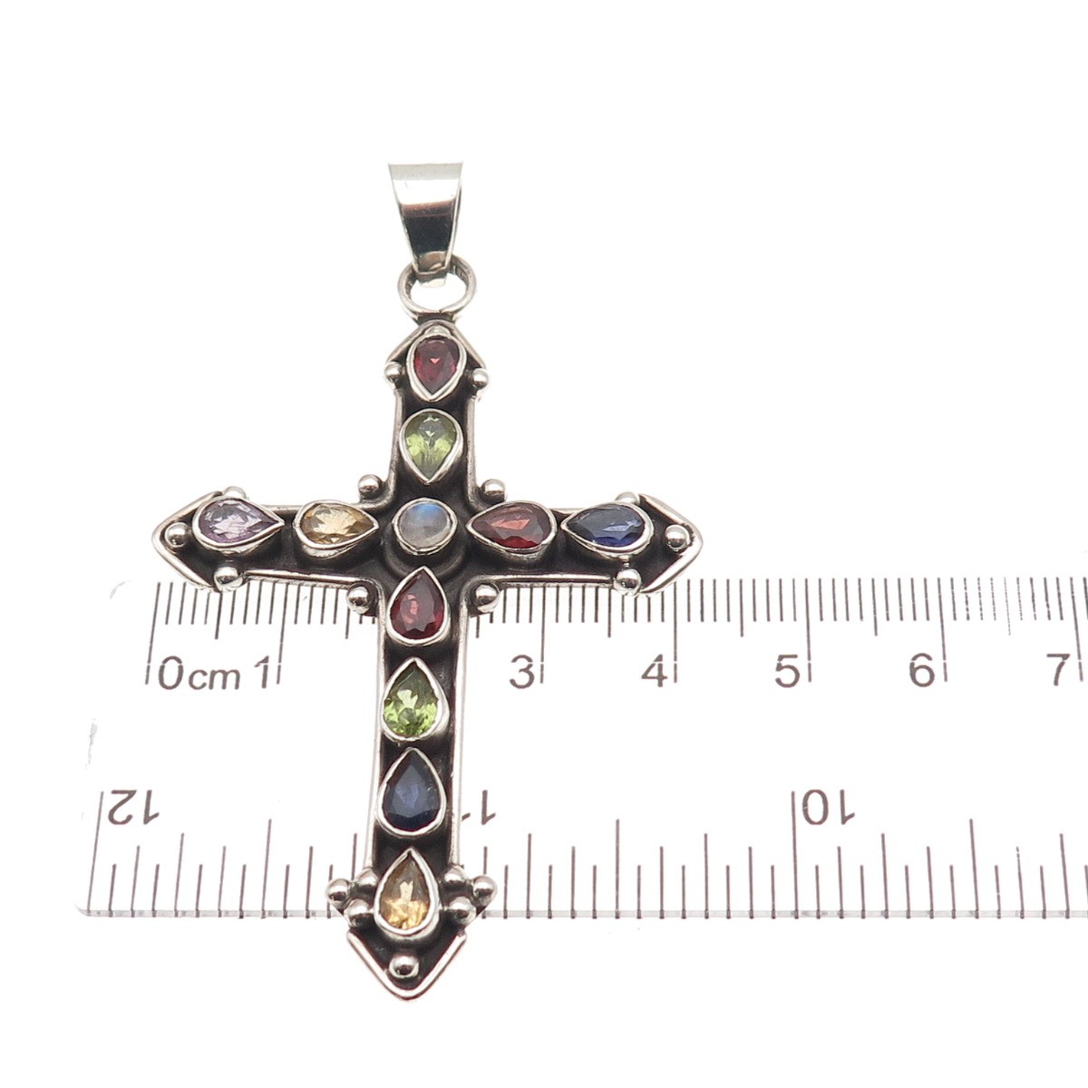 Sterling Vintage Amethyst Iolite Peridot Garnet Citrine Moonstone Cross Pendant