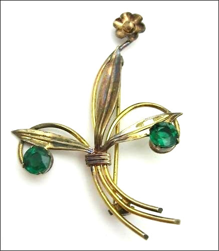 CM GREEN RHINESTONE Vintage PIN FLOWER BROOCH 1/20 12K GE Gold Electroplate
