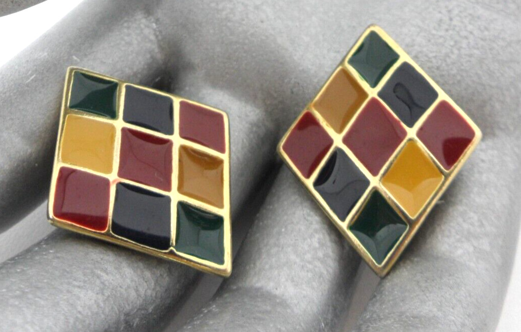80s Art Deco Earrings Harlequin Enamel Squares Rhombus Lozenge Geometric Cubist
