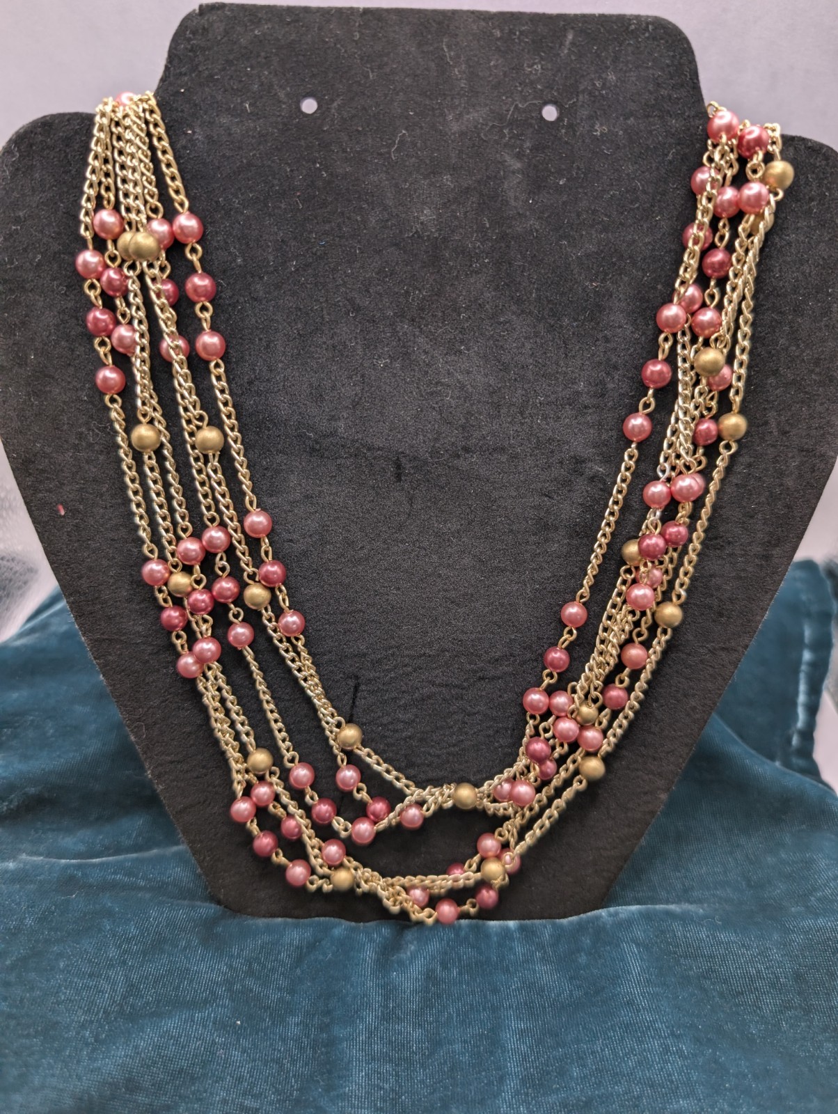 Made in Japan Vintage Jewelry Set Pink & Pearl & Gold Necklace & Earrings