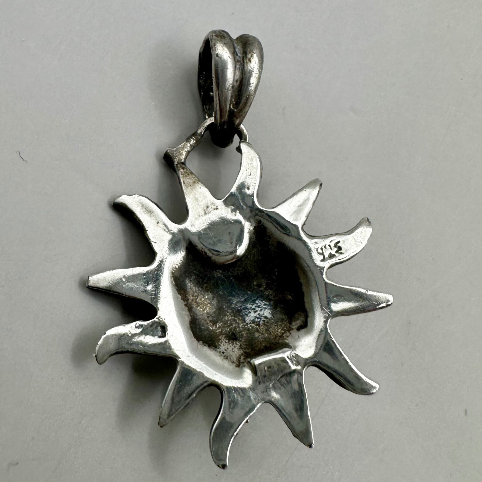 Happy Sun Face Pendant Celestial God Cast Sterling Silver Marked 925 Tilted Bail