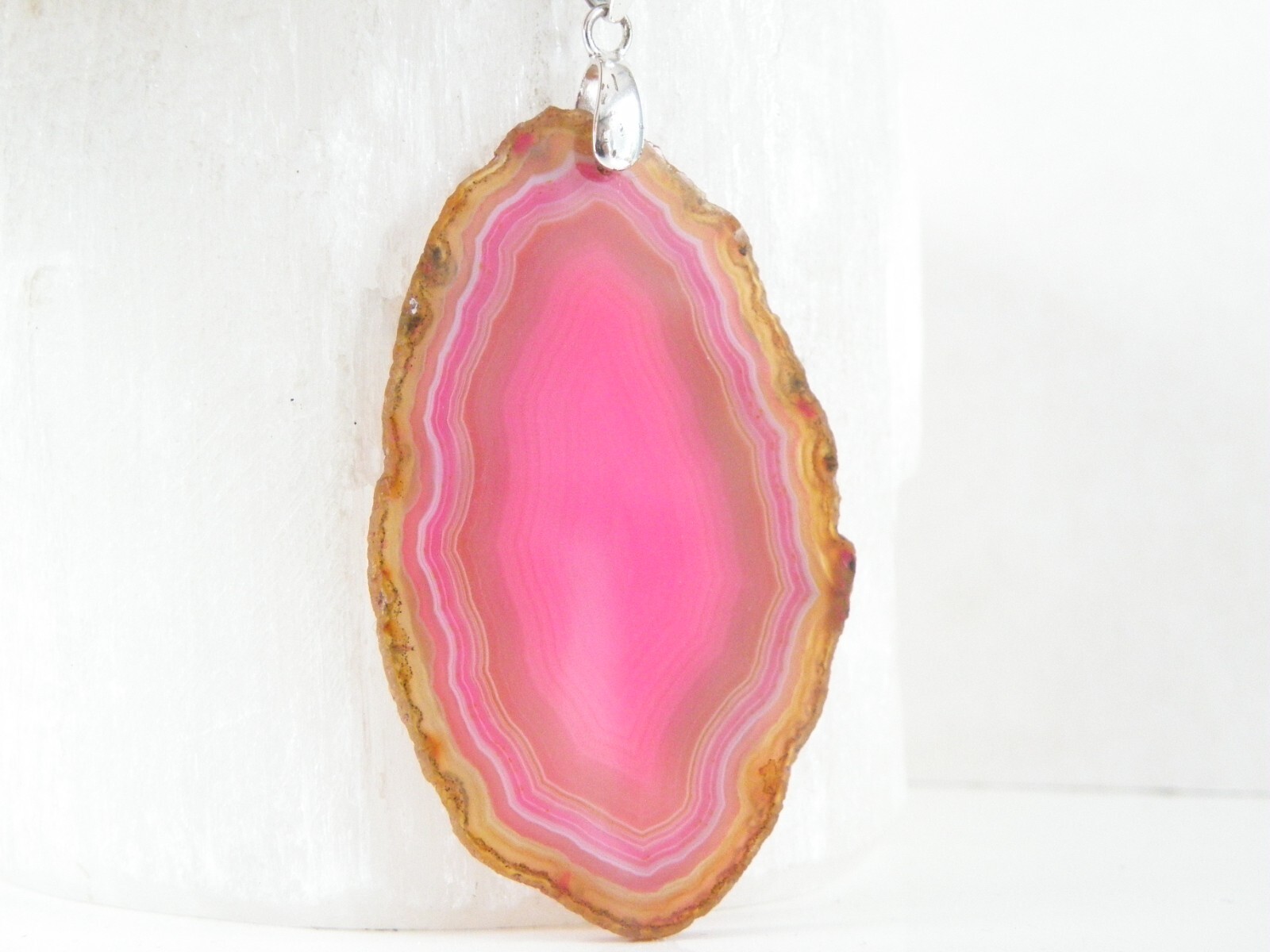 Huge Sterling Silver 925 Pink Geode Crystal Slab Vintage Pendant Necklace