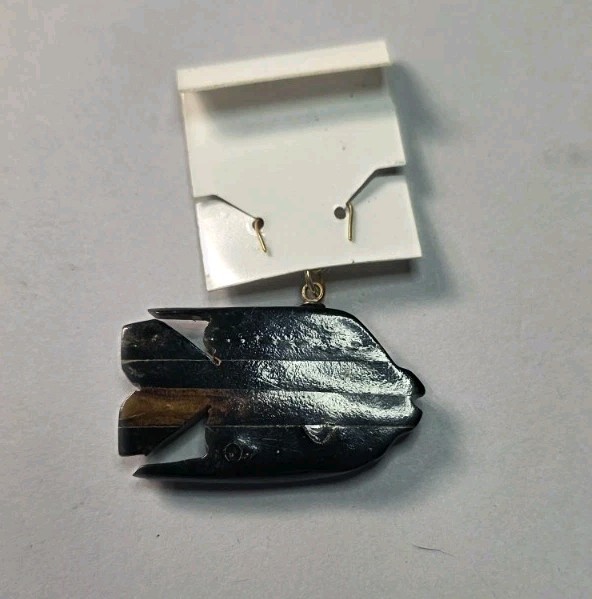 Rare Vintage Black Coral Carved And Polished Fish With 14K Bail Pendant