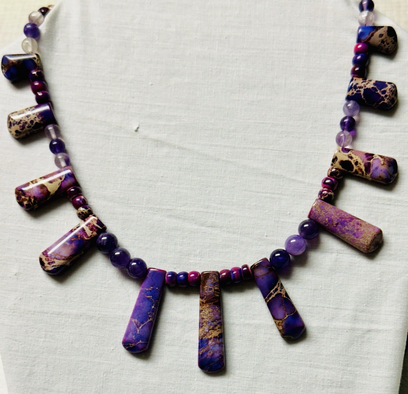 Glass Purple Blue Stone Bead Fringe Bib Necklace n0179