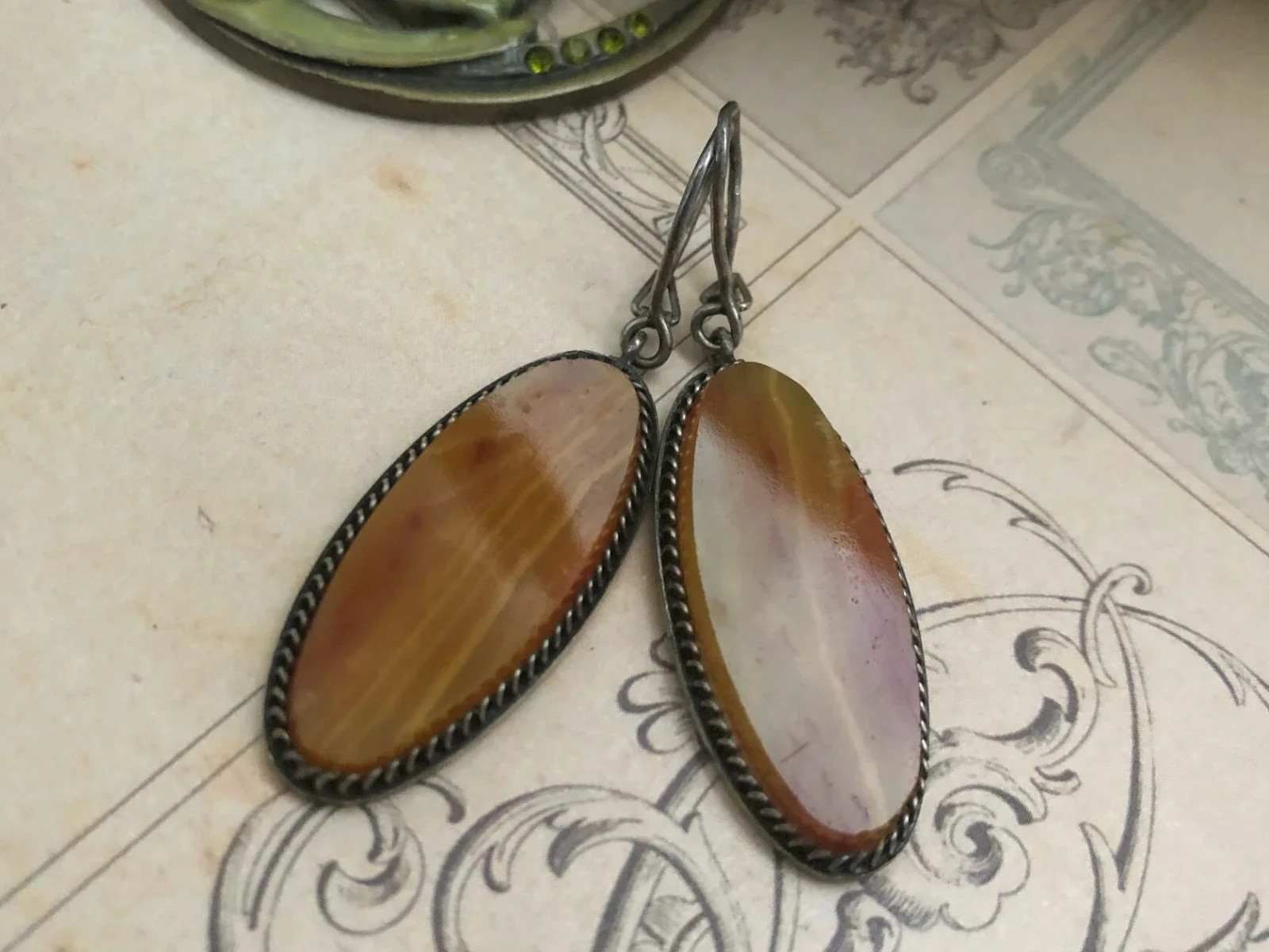 Estate Vintage Marquise Earrings Sterling Silver 875 Soviet Agate Stone USSR