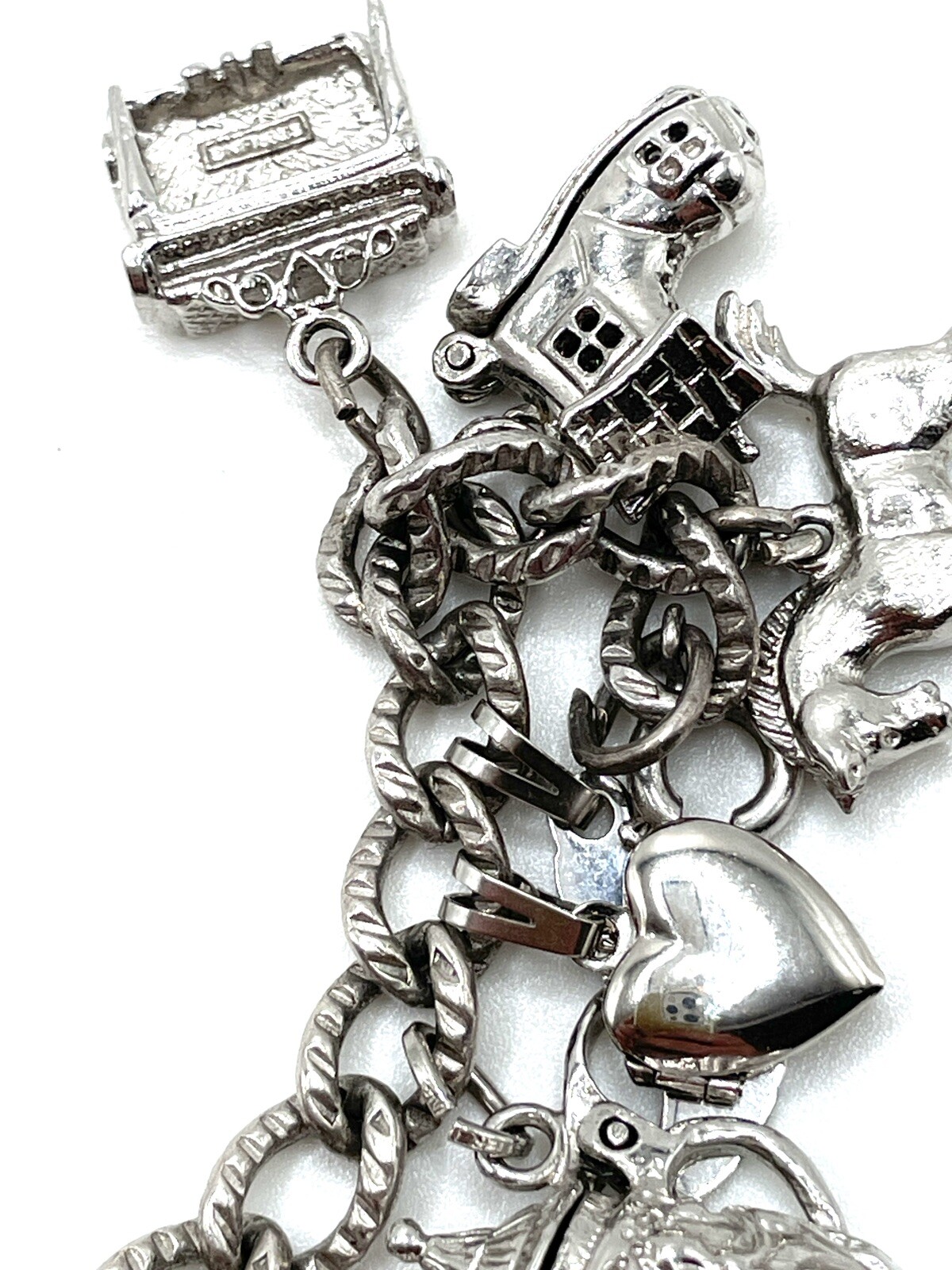 Monet Sterling Silver Articulated Figural Crystal Charm Bracelet 61.5g Vintage