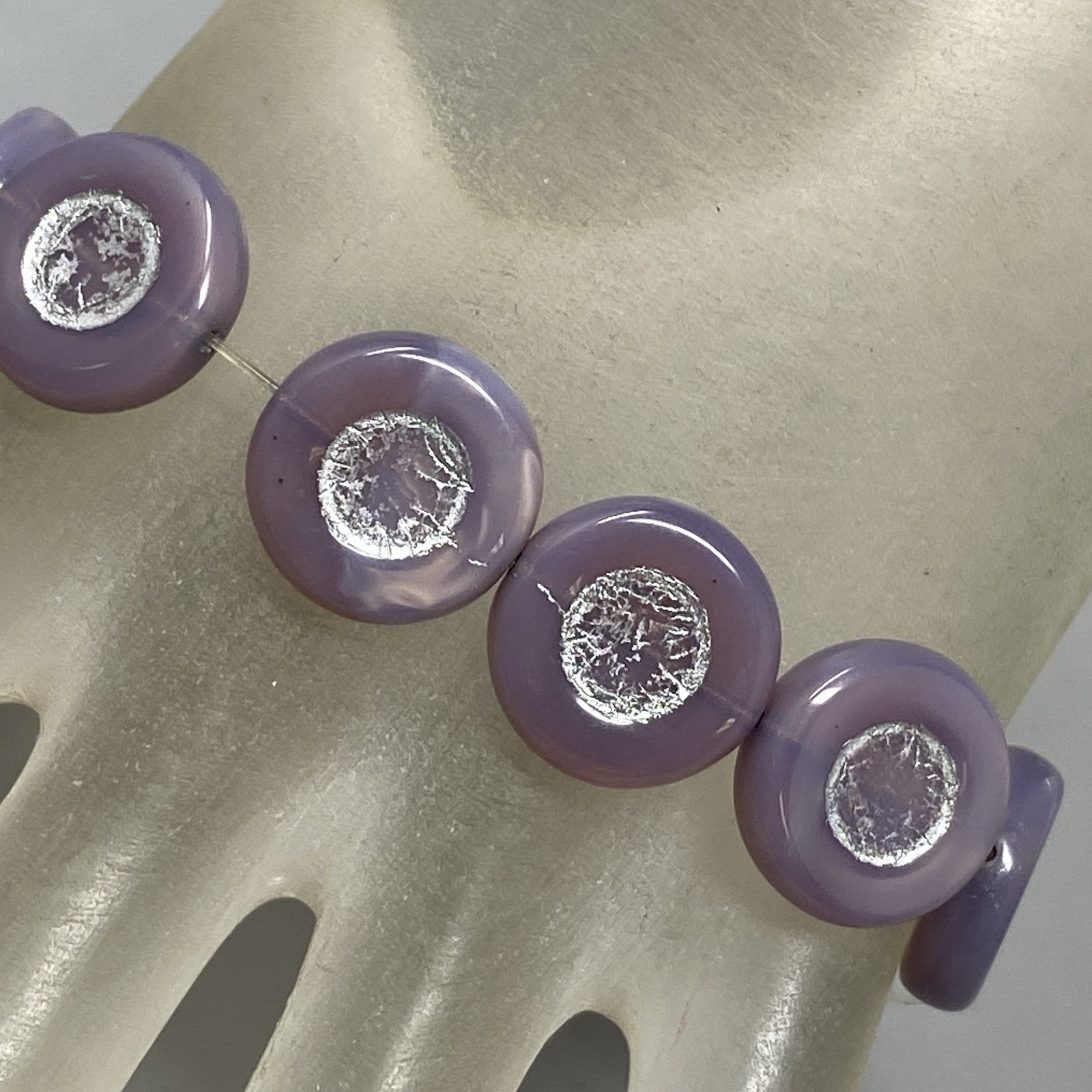 Czech Glass Bead Bracelet Stretch Purple Coin Metallic Large Opalescent 8″