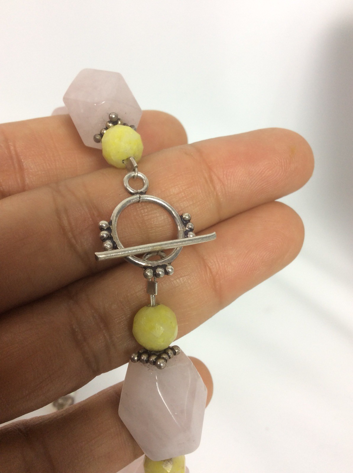 Stunning Artisan Hand Made Sterling Silver 925 Rose Quartz Bead Toggle Necklace