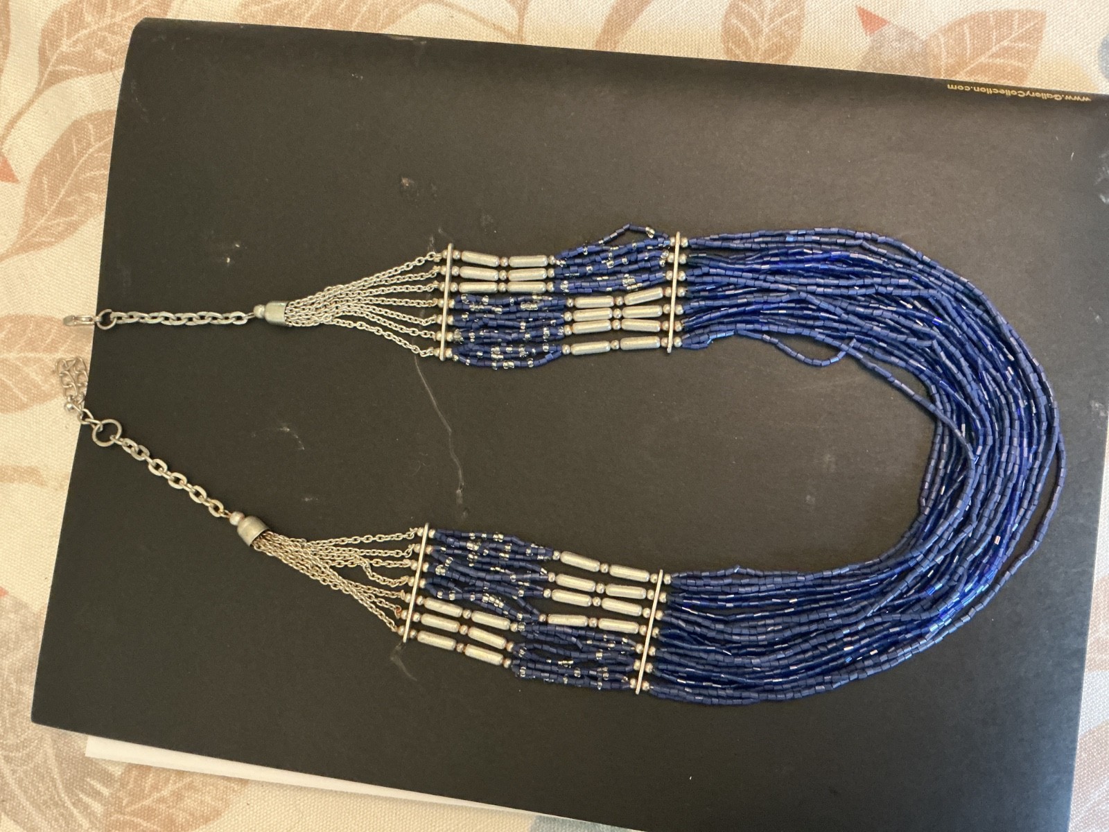 Vintage Multi-Strand Blue & Silver Beaded Boho Necklace Womens 22 Inches