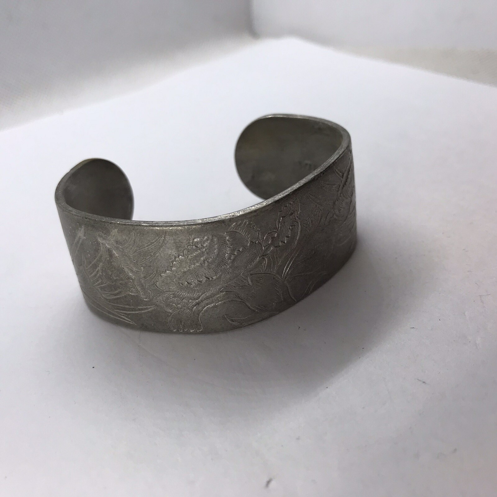 Vintage Cuff Bracelet Salisbury Pewter January Flower Birth Month Etched Metal