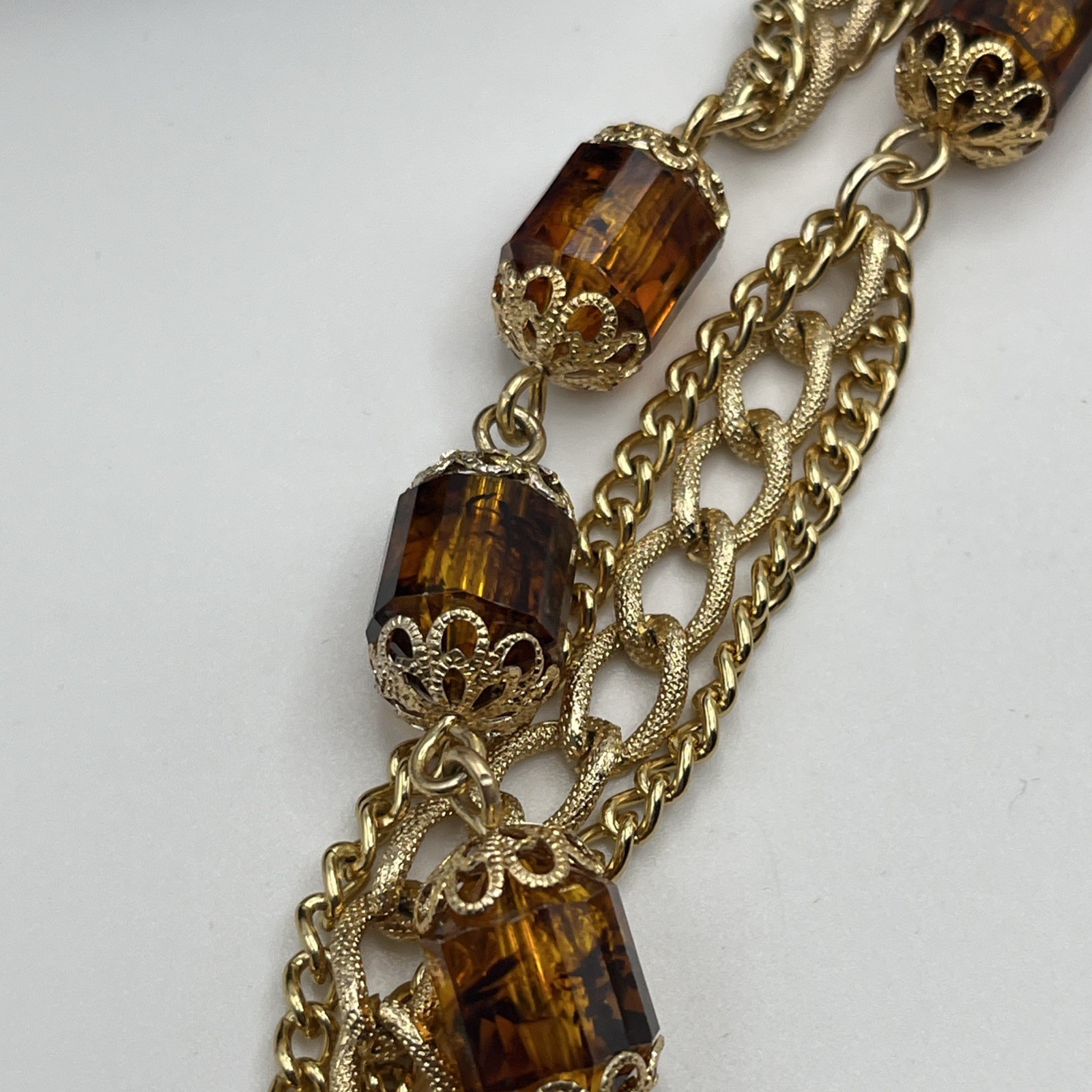 Vintage Sarah Coventry 50″ Long 3 Strand Gold Tone Necklace Barrel With Earrings