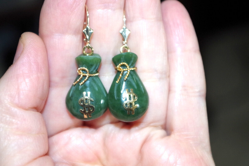 14K Exquisite Carved Jade bag of money Lucky Stone Lever back Earrings