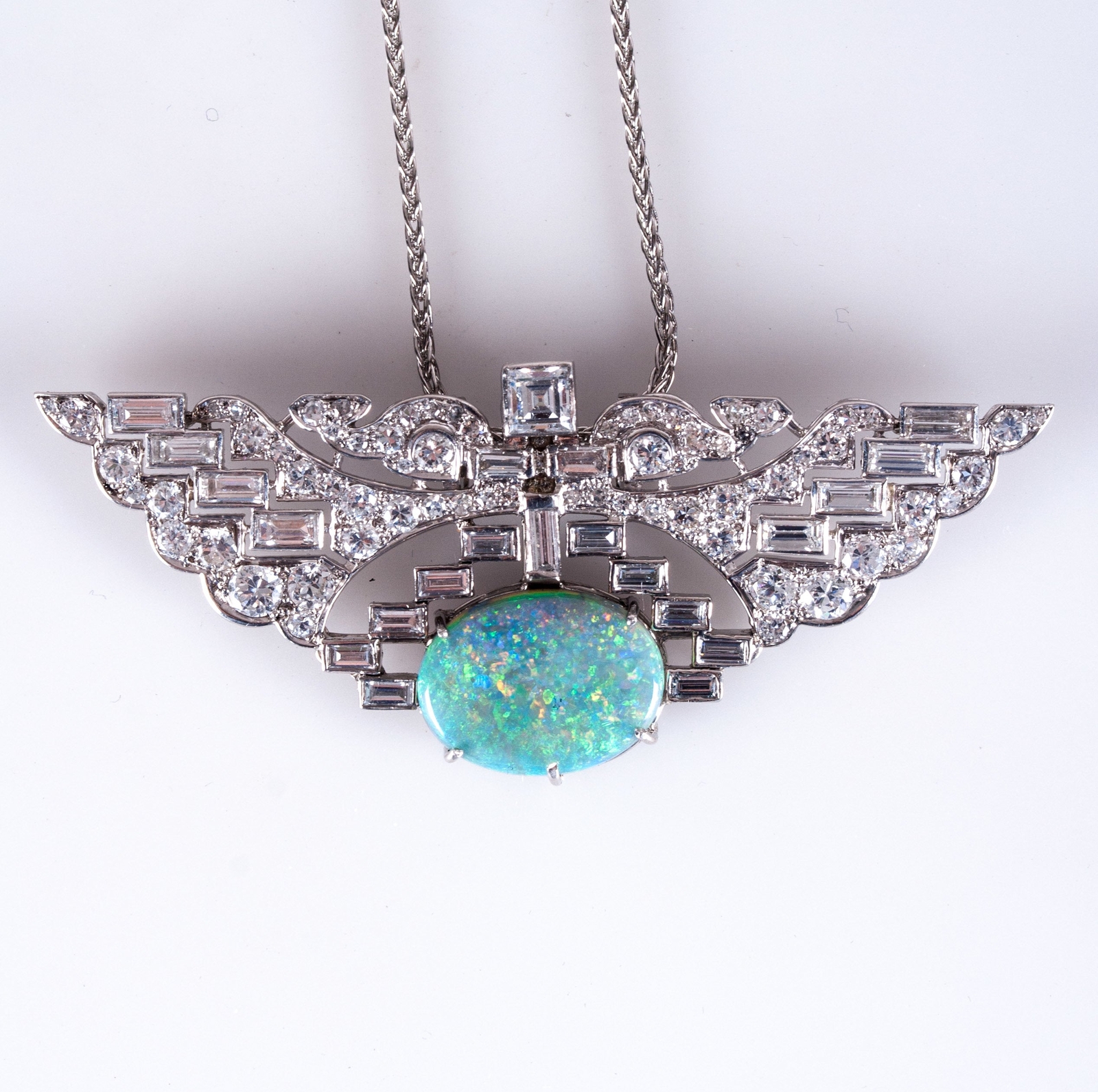 Vintage 1930’s .950 Platinum Oval Cabochon AAA Opal Diamond Necklace 7.89ctw