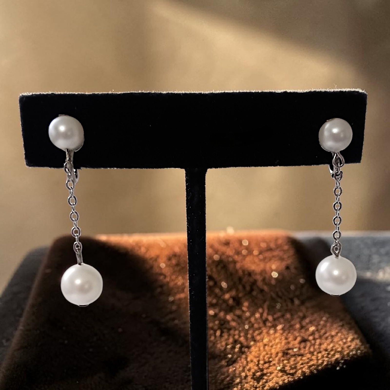 Vintage Faux Pearl Chain Dangle Earrings Dainty Delicate Silver Tone Elegant