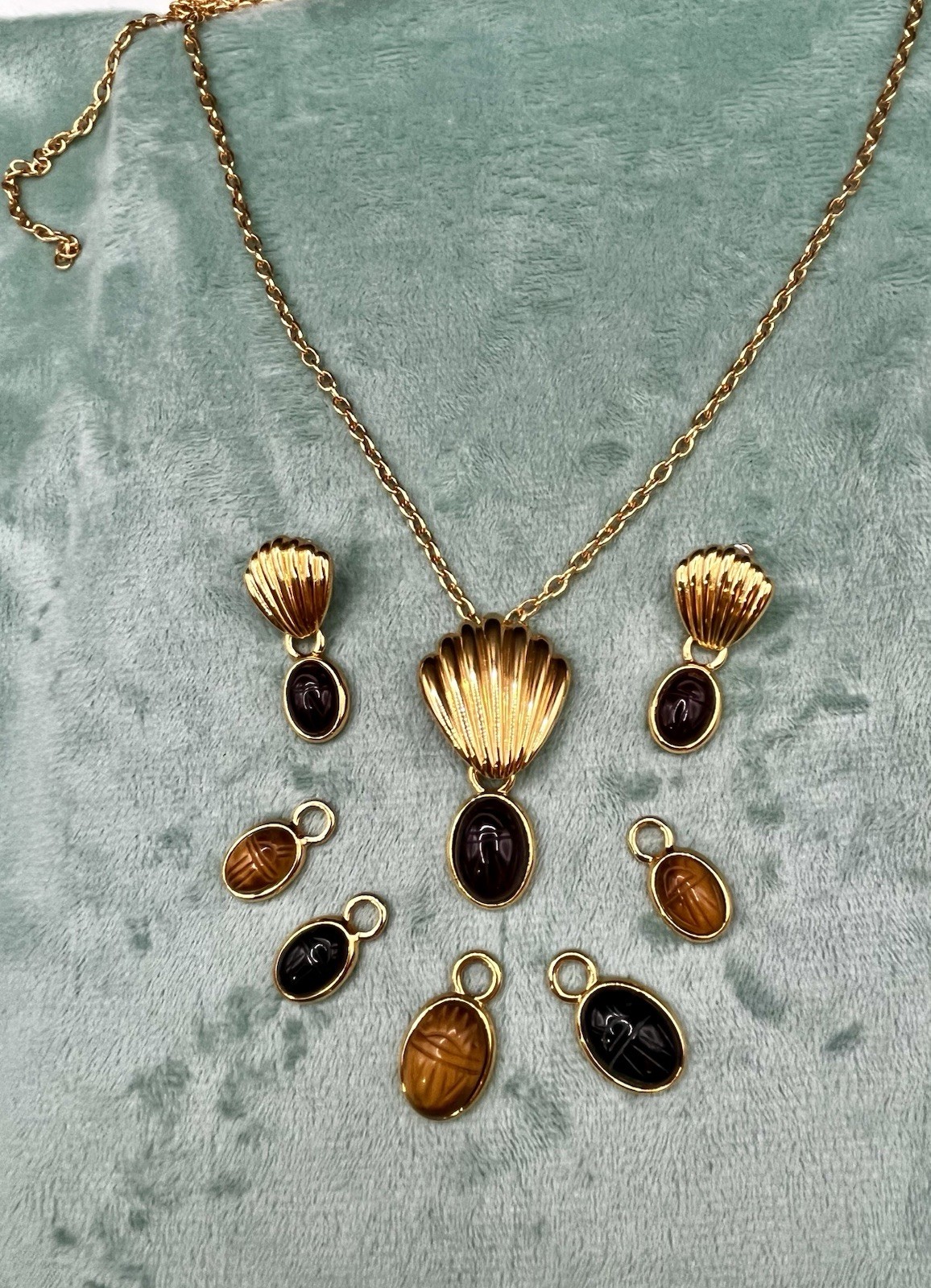 Egyptian style Carved scarab & Gold Tone Shell Interchangeable Necklace Set 12pc