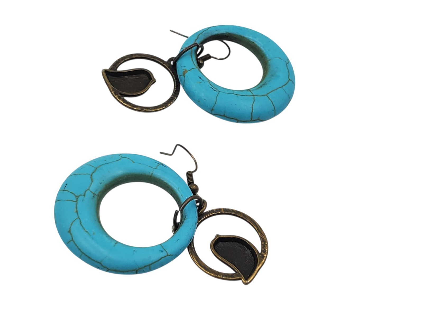 Vintage Brass and Blue Dyed Howlite Circles Dangle Bird Hook Pierced Earrings