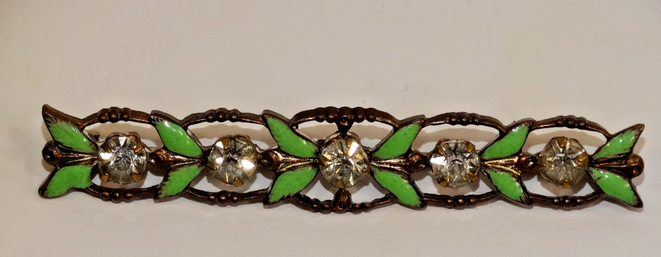 C40 VINTAGE RHINESTONE ENAMEL METAL BAR BROOCH CLEAR STONES WIRE FRAME UNSIGNED