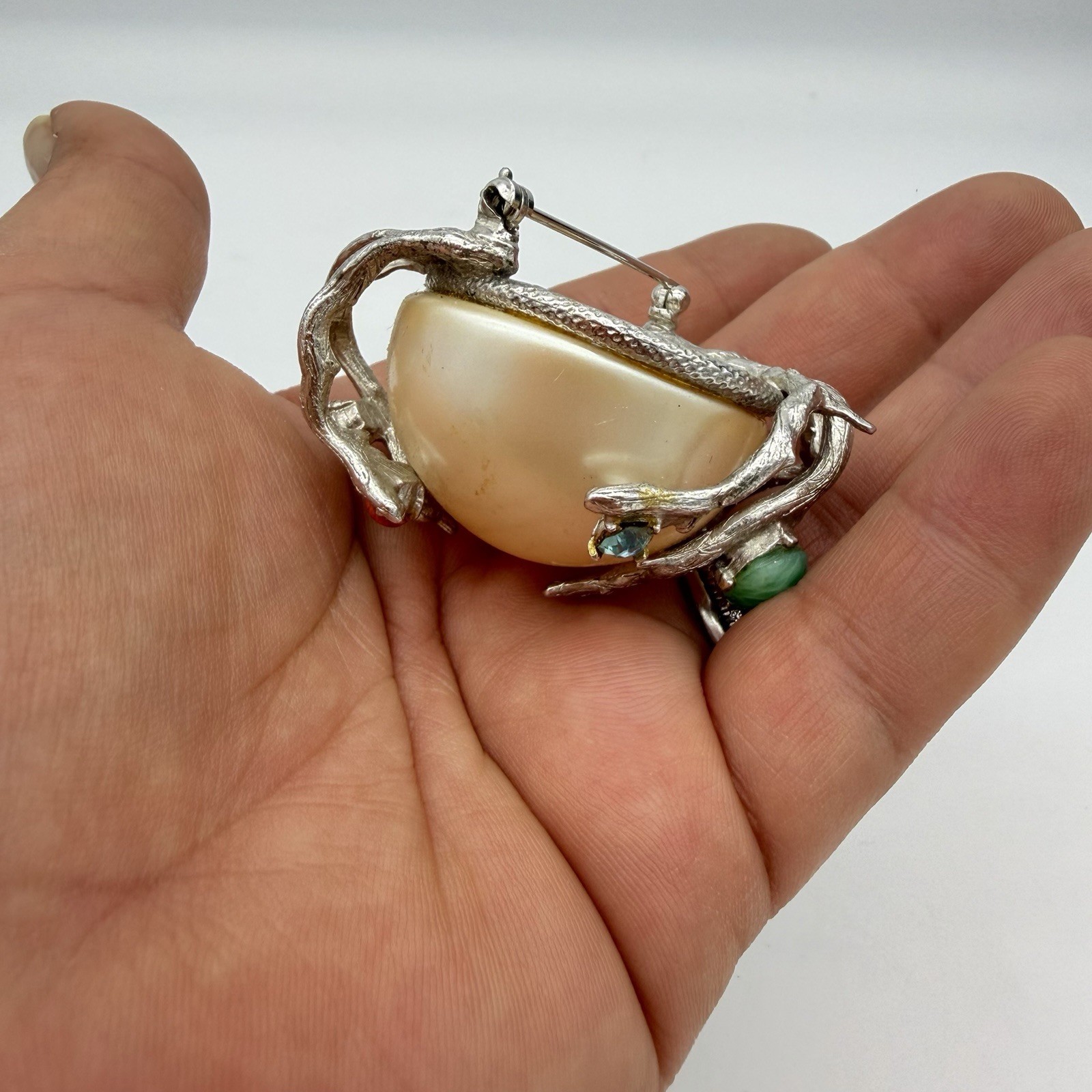 Vtg Huge Faux Pearl Pin Brooch Green Coral Cabochon Branches Rare Estate Read