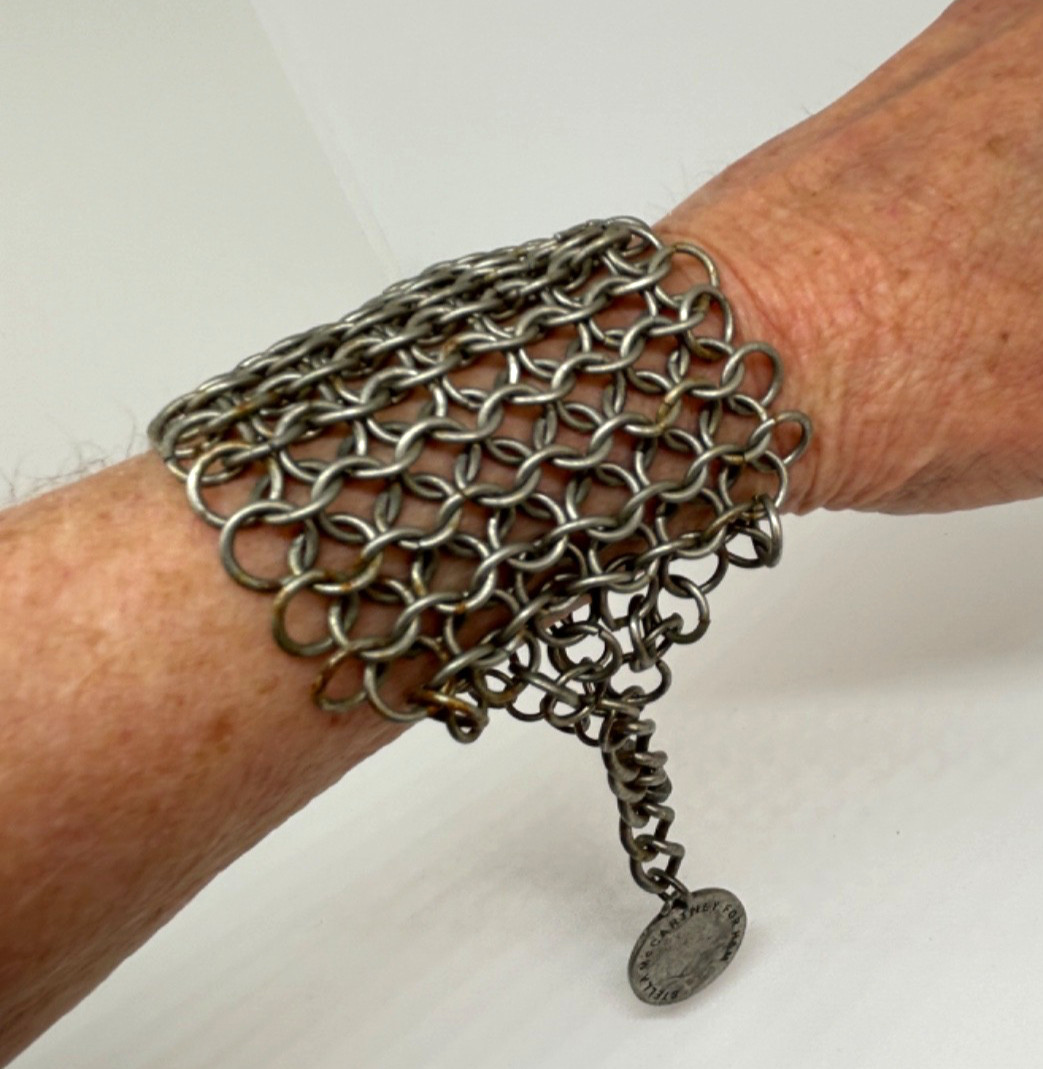 Vintage STELLA MCCARTNEY Silver Mesh Metal Wire Wide BRACELET w/ Charm