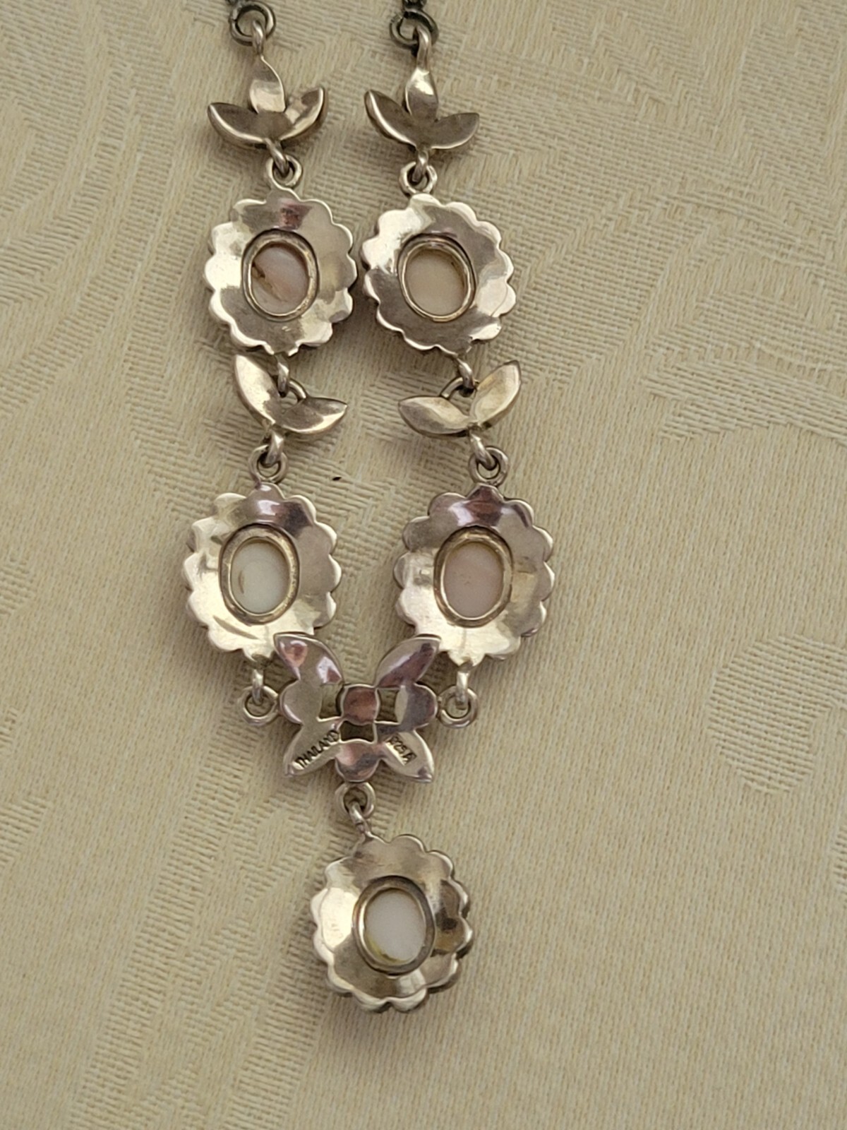 Edwardian/Victorian Style Sterling/Marcasite/ Angel Skin Coral Station Necklace